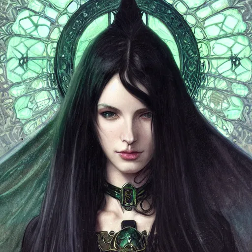 Image similar to Portrait of slim shapely pale young sorceress wearing black leather armor, long black hair, green eyes, intricate, elegant, highly detailed, digital painting, artstation, concept art, smooth, sharp focus, illustration, art by artgerm and greg rutkowski and alphonse mucha and andrei riabovitchev