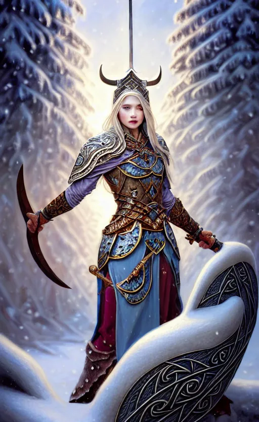 Image similar to opal viking warrior, regal, elegant, winter, snow, beautiful, stunning, hd, illustration, epic, d & d, fantasy, intricate, elegant, highly detailed, wide angle, digital painting, artstation, concept art, smooth, sharp focus, illustration, wallpaper, art by artgerm and greg rutkowski and alphonse mucha and jin xiaodi