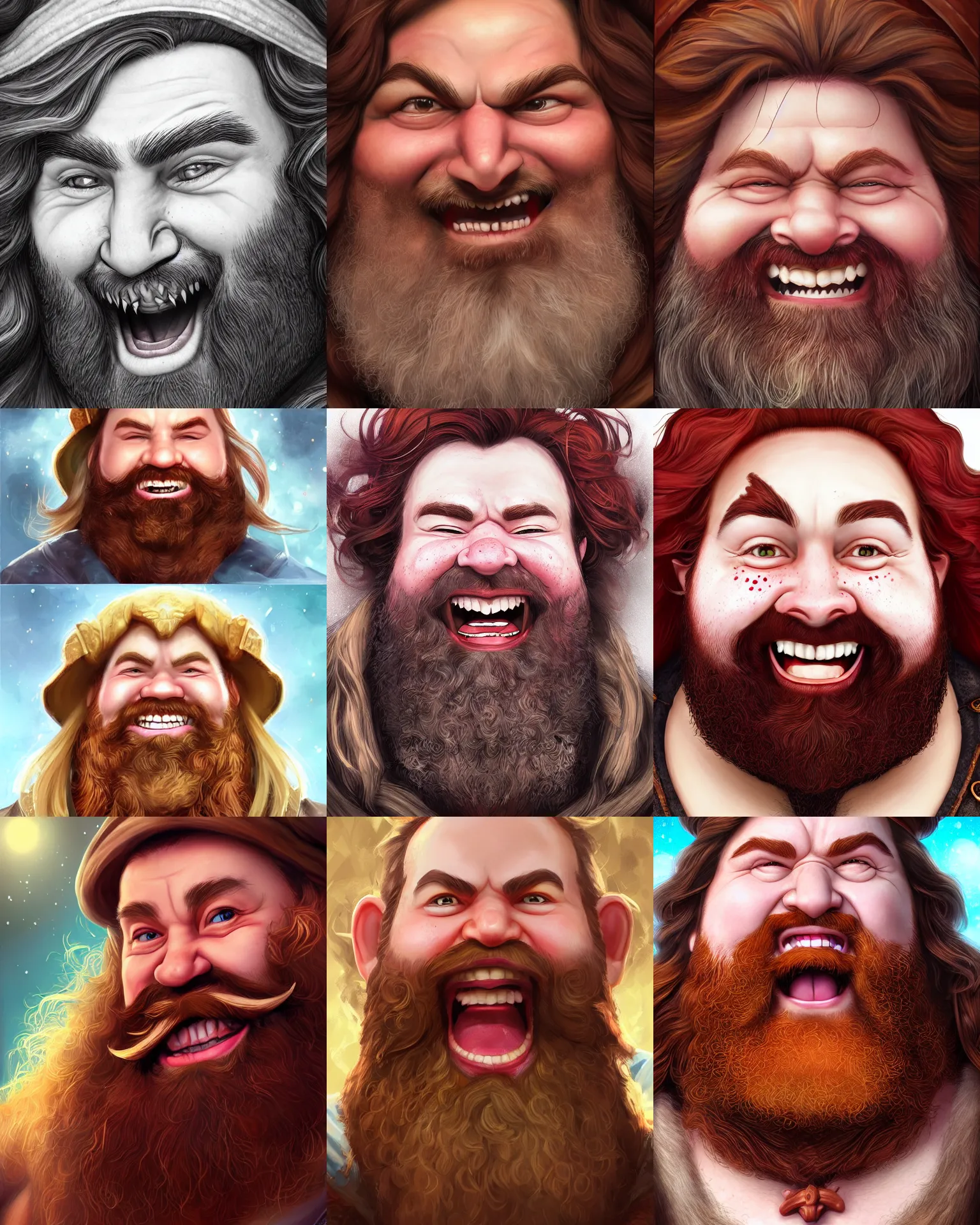 Prompt: closeup portrait of a dwarven bard, happy, laughing, rosy cheeks, red beard, freckles, art by artgerm