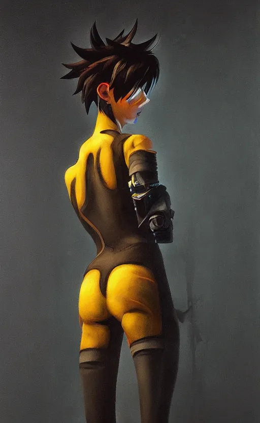 Prompt: dark portrait painting of tracer from overwatch, in style of zdzisław beksinski, scary, horror, overwatch tracer character, dressed in dark garment,