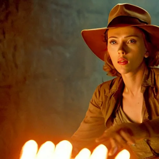 Image similar to A still photograph of Scarlett Johansson as Indiana Jones in Indiana Jones and the Raiders of the Lost Ark