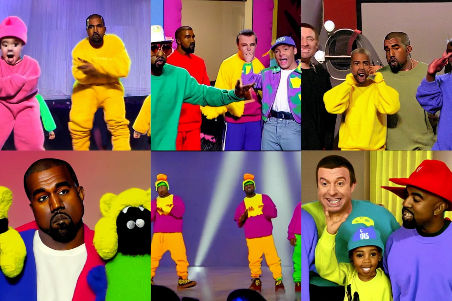 Prompt: A Still of Kanye West\'s guest appearance in The Wiggles (2008)