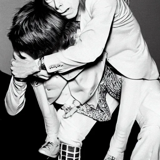 Prompt: david bowie from changes giving a piggy back ride to ziggy stardust. in the style of marcel duchamp.