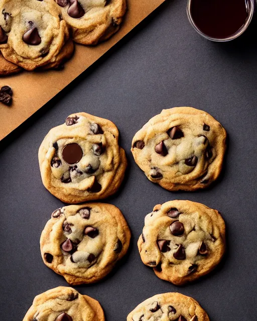 Image similar to plate full of several freshly baked chocolate chip cookies, delicious, glistening, chocolate sauce, highly detailed, award winning photography octane render