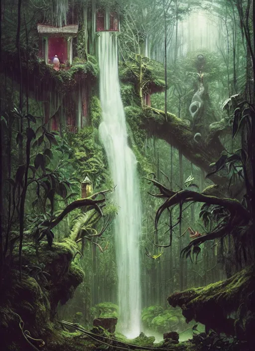 Image similar to a hyper realistic architectural witch shrine under a waterfall in the woods, gorgeous lighting, lush forest foliage, painting by chiara bautista and tom bagshaw, muca beksinski and norman rockwell and greg rutkowski weta studio, and lucasfilm