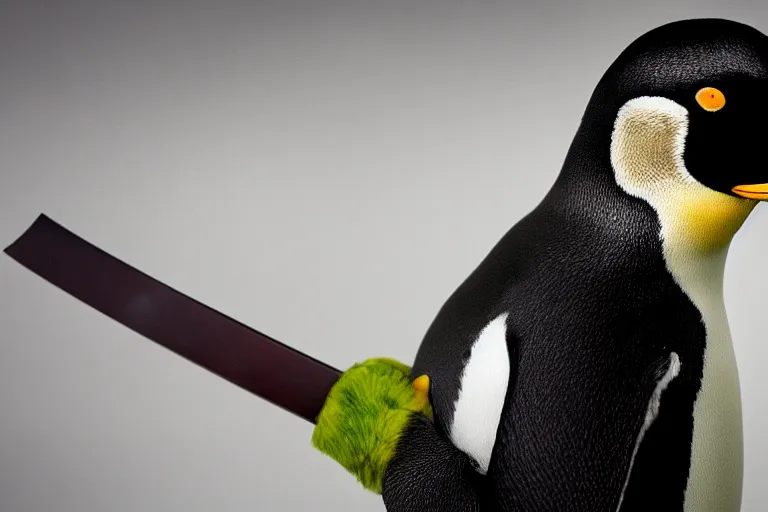 Prompt: vfx movie scene closeup penguin in ancient armor holding a katana in a green arctic. by emmanuel lubezki