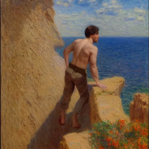 Image similar to an attractive male standing on a cliff, clothed!, looking out at the ocean, by gaston bussiere, craig mullins, j. c. leyendecker, claude monet