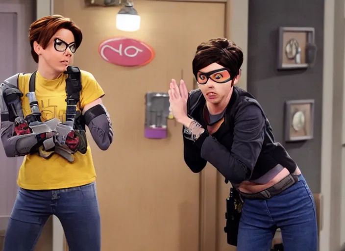 Image similar to a film still of a a woman called tracer from overwatch in sitcom big bang theory