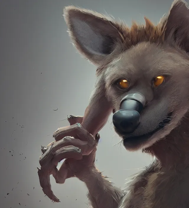 Prompt: a beautiful portrait of a handsome male anthropomorph brown hyena furry fursona wearing a hoodie. character design by cory loftis, fenghua zhong, ryohei hase, ismail inceoglu and ruan jia. artstation, volumetric light, detailed, photorealistic, rendered in octane