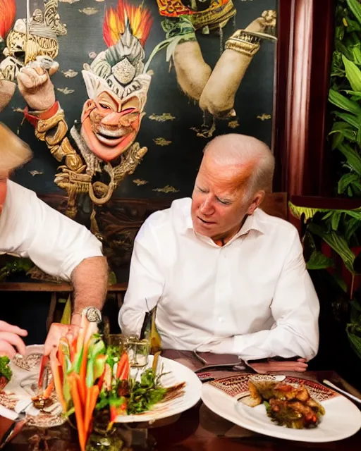 Image similar to Trump and Biden having dinner at a fancy Balinese restaurant, award winning photography, 85mm, perfect faces