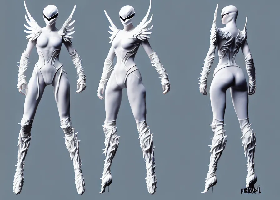 Prompt: character concept art sprite sheet of white swan concept female kamen rider, big belt, wing, human structure, concept art, hero action pose, human anatomy, intricate detail, hyperrealistic art and illustration by irakli nadar and alexandre ferra, unreal 5 engine highlly render, global illumination