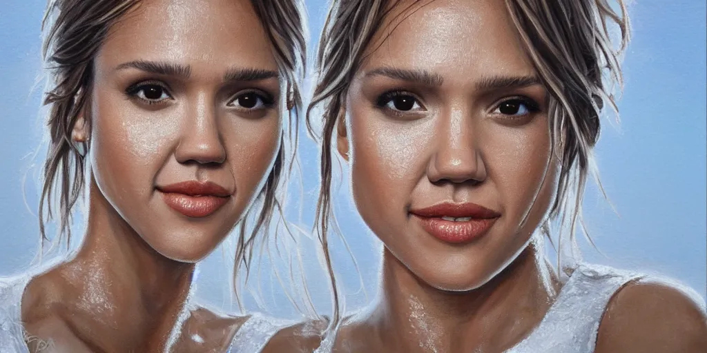 Image similar to ultra realistic painting of jessica alba in the 1 9 8 9 city of tacoma, wearing a water soaked white short dress, looking into the camera with a smirk, art by ross draws, 4 k, ultra realistic, highly detailed, epic lighting