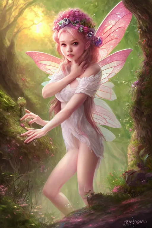 Image similar to a cute fairy in the dreamy forest, fantasy, 8 k resolution, hyper detailed, d & d, character design, digital painting, trending on artstation, sharp focus, illustration, art by artgerm, steve zheng, fuji choko, viktoria gavrilenko, hoang lap