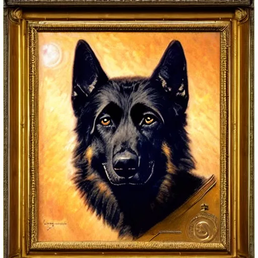 Image similar to a portrait of a black german shepard dogman canine star trek officer. highly detailed painting by gaston bussiere, craig mullins, j. c. leyendecker, furry