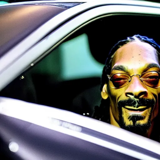 Prompt: Snoop Dogg with a smile on his face, sitting in a police car, there is marijuana everywhere in the car, and a lot of smoke