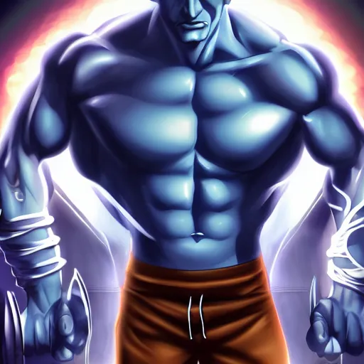 Image similar to blue skinned muscular man, swords in hands, 4 hands, HD, anime,