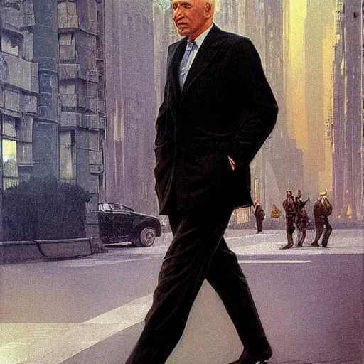 Prompt: immense, majestic joe biden striding through the streets of art deco city, perfectly clear face, by j. c. leyendecker and beksinski