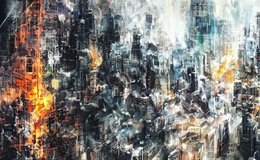 Prompt: City crashing into the Ground, digital painting, expressionistic, intricate detail, meticulous brush strokes, genius composition, masterpiece, work of art, 4k wallpaper