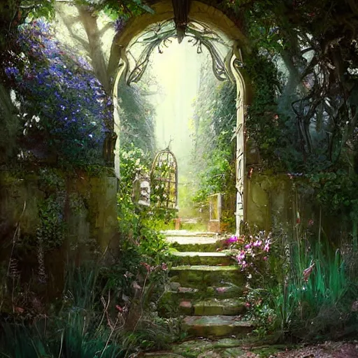 Image similar to The Secret Garden, painting in the style by Greg Rutkowski