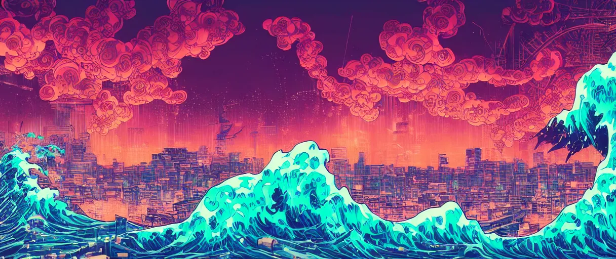 Prompt: great wave hitting cyberpunk city, water, sea, cyberpunk, neon, dramatic lighting style of Laurie Greasley and Satoshi Kon + symmetric lights and smoke, psychedelic effects, glowing particles, fractal neon rain, comic, wood block