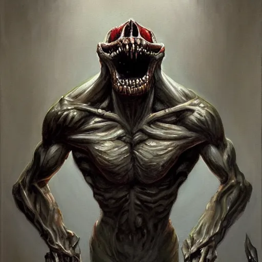 Prompt: a painting of a horrifying 🦷☠👹, an ultrafine detailed painting, by mark brooks, centered full body, featured on deviantart, fantasy art, detailed painting, deviantart, anime