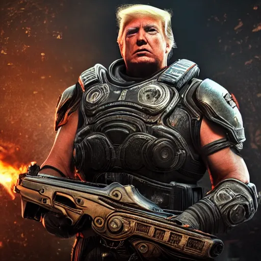 Image similar to Photo portrait of Donald Trump as Spartan in Gears of War, splash art, movie still, detailed face, photorealistic facial features, cinematic lighting, dramatic, octane render, long lens, shallow depth of field, bokeh, anamorphic lens flare, 8k, hyper detailed, 35mm film grain