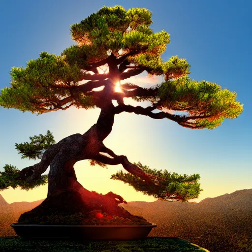 Prompt: a giant bonsai on a mountain, with sunset, far shot, HDR, 8k, trending on artstation