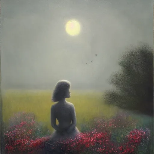 Prompt: grey haunting by catherine hyde. a art installation of a young woman seated in a meadow, with the sun just beginning to rise behind her. the woman is looking down at a book in her lap, & there is a basket of flowers beside her.