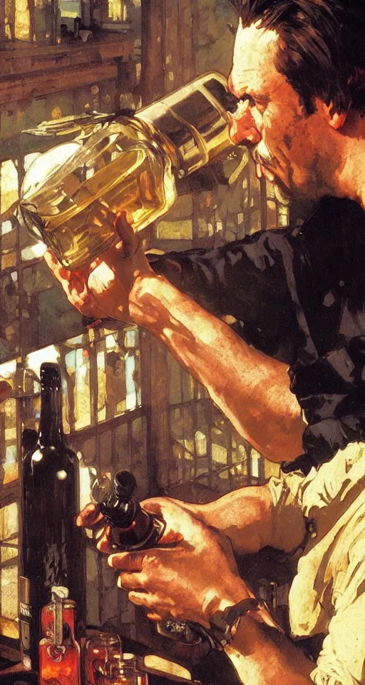 Image similar to close up of max payne pouring a drink, sun shining, photo realistic illustration by greg rutkowski, thomas kindkade, alphonse mucha, loish, norman rockwell.