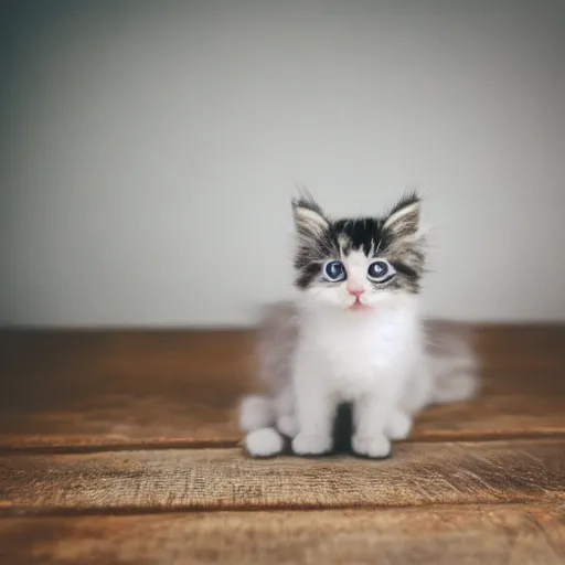 Image similar to Photo of a cute very, very, extra, fluffy kitten playing with bokeh's of light. Whimsical. Magical.