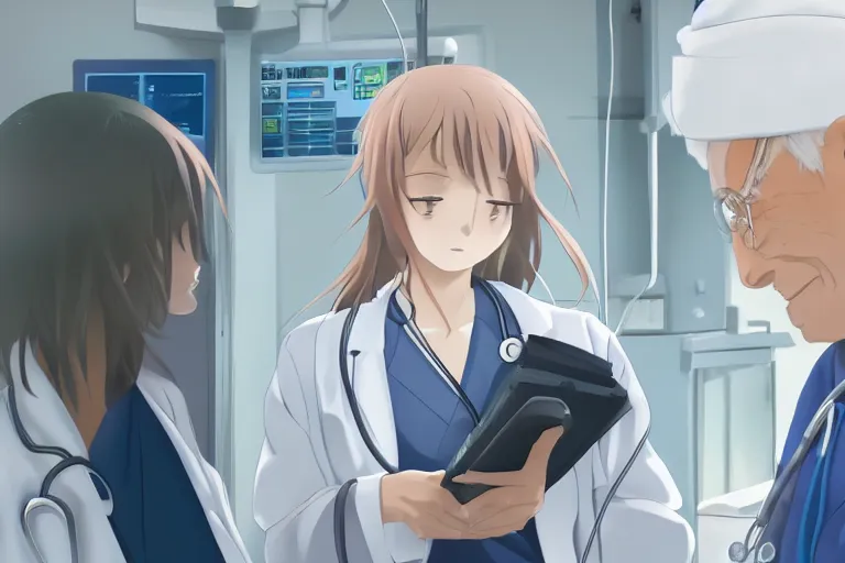 Prompt: a cute young female doctor wearing white coat are talking with an old surgeon in a hospital, slice of life anime, lighting, 8 k, hd, anime scenery by makoto shinkai