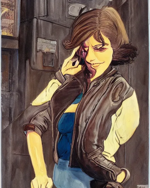 Image similar to young female protagonist in leather jacket, city street, artwork by ralph bakshi