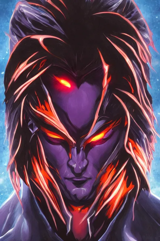 Image similar to gambit possessed with the phoenix force glowing eyes by sacha goldberg ultradetailed headshot trending on ArtStation, dark fractal background