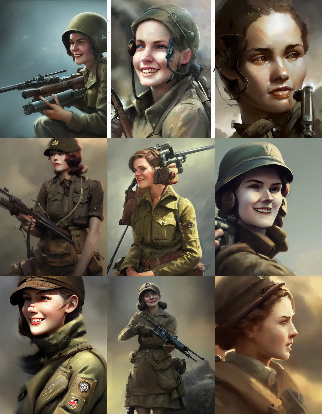 Prompt: young female ww 2 sniper, smiling, digital portrait by greg rutkowski, intricate, soft focus, highly detailed, cinematic, epic, artstation