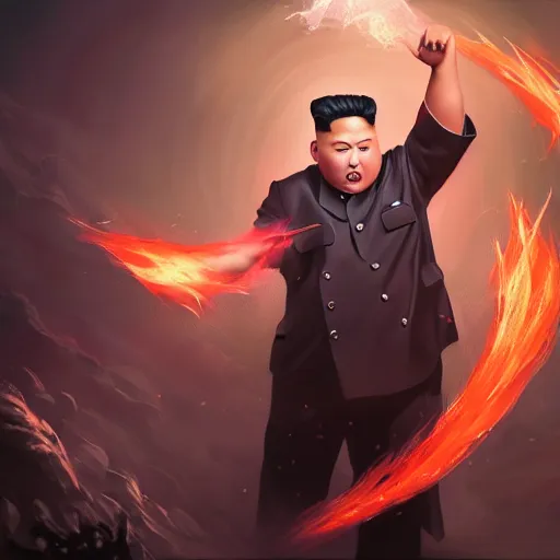 Image similar to portrait of kim - jong un as a spellcaster and mage, league of legends amazing splashscreen artwork, splash art, natural light, elegant, photorealistic facial features, intricate, fantasy, detailed face, atmospheric lighting, anamorphic lens flare, cinematic lighting, league of legends splash art, hd wallpaper, ultra high details by greg rutkowski