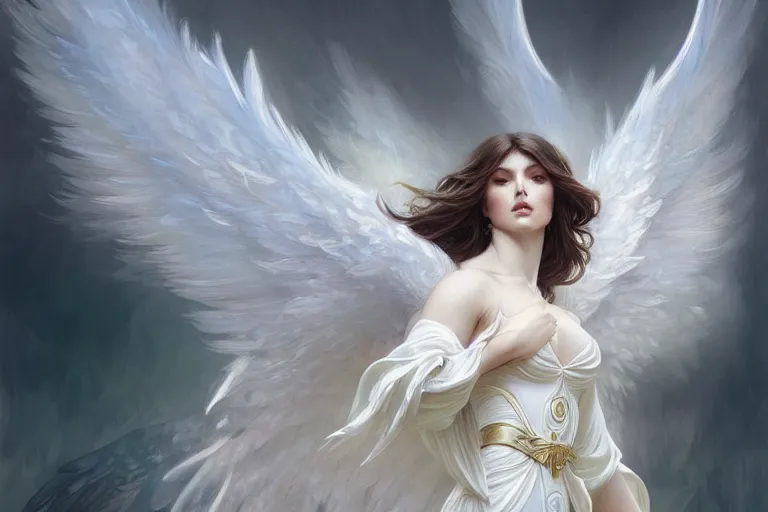Image similar to a white angel with feathered wings open, D&D, fantasy, intricate, elegant, highly detailed, digital painting, artstation, concept art, matte, sharp focus, illustration, art by Artgerm and Greg Rutkowski and Alphonse Mucha, 4k