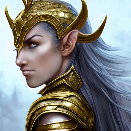 Image similar to side portrait of a female elven warrior, fantasy, head tilted down, black hair, gold armour, gold jewelry, white skin, detailed face, trending on artstation, gsociety, D&D, elegant, highly detailed, sophisticated, hyperrealistic, realistic eyes, detailed illustration, smooth, sharp focus, upper body, intricate, rule of thirds, holy glow, backlit, hd 4k by Greg Rutkowski, Alphonse Mucha, Charlie Bowater, Karol Bak