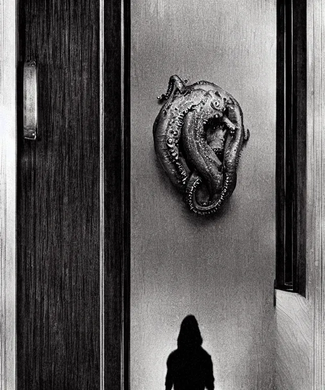 Image similar to horrifying photorealistic image of a 1 9 2 5 hotel elevator lobby, elevator doors look like a mouth, with a tentacle - shaped tongue, licking out, dark, atmospheric, brooding, smooth, finely detailed, cinematic, epic, in the style of lee gibbons