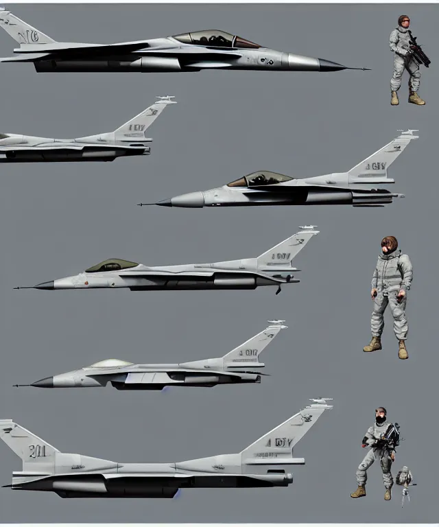 Image similar to 2 d shooter game concept art sprite sheet!!!, f 1 6 combat plane concept art, hyperrealism, fine detail, 8 k, 3 d render, artgerm, artstation contest winner, cgsociety, axial tilt!!!, cryengine, zbrush, vray, no background