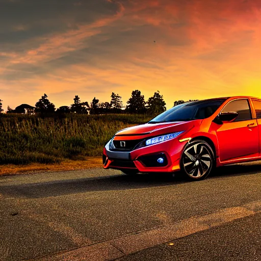 Prompt: a orange Honda Civic with tinted windows in the Bay Area California, dusk, high definition