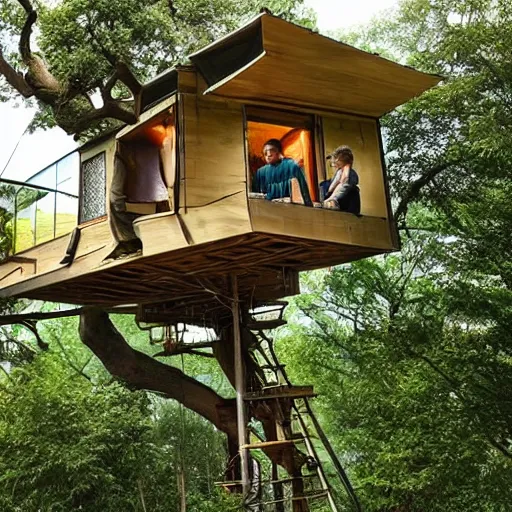 Prompt: mark zuckerberg sitting on the roof of a treehouse in a solarpunk utopia