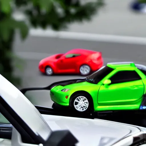 Image similar to a red haired woman driving a Jada toys mitsubishi eclipse green diecast car, high resolution macro photo, viewed through the cars window