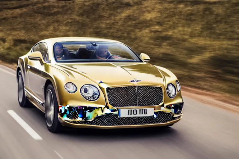 Prompt: Bentley Continental GT in shiny gold film drives along old Russian village road with houses around the edges