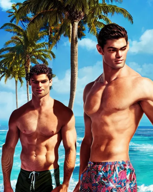 Prompt: two sean o'pry, wearing swim shorts, on the beach with palm trees, herculean, bulging muscular figure, soft lighting, bright sun, highly detailed face, sharp focus, artstation, sophie anderson, arnold armitage, loish, thomas kinkade