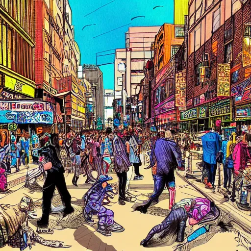 Image similar to busy street drawn by warren ellis, colorful, cyperpunk, detailed