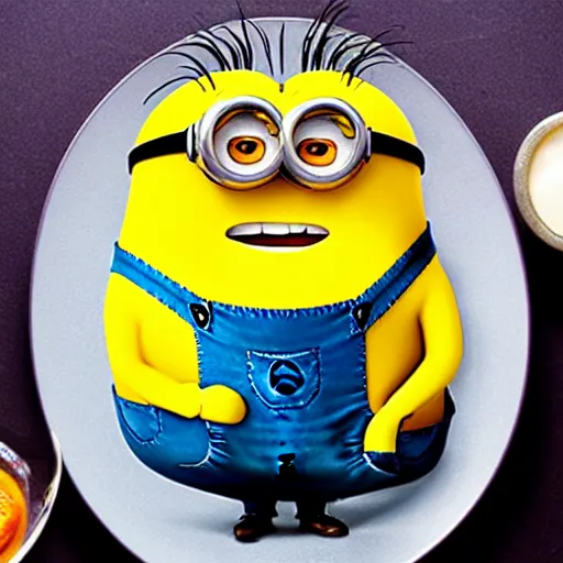 Prompt: Cookbook photo of an expertly souffléd Minion from Despicable Me. 1990s, color. Michelin Star winning restaurant.