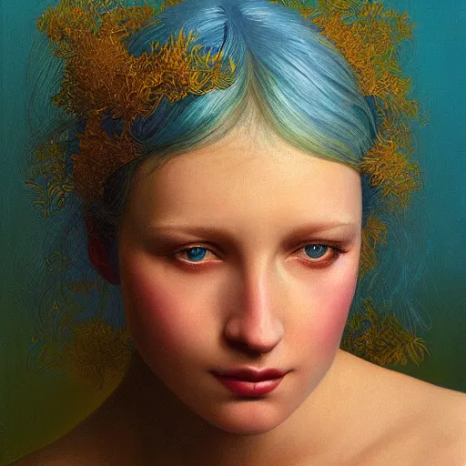 Prompt: A beautiful portrait of a woman with iridescent skin by James C. Christensen, blue hair
