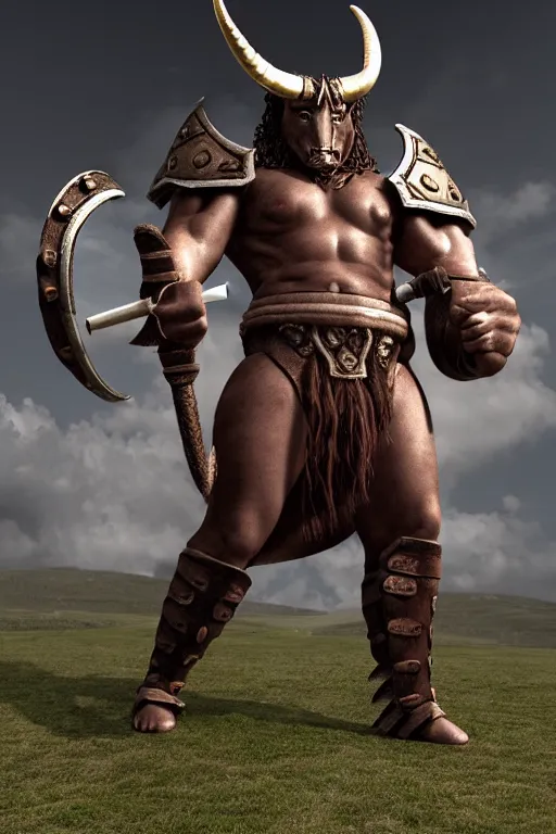 Prompt: Giant horned minotaur warrior wielding a sword and shield, leather armor, full body, muscular, dungeons and dragons, high quality, realistic, professional.