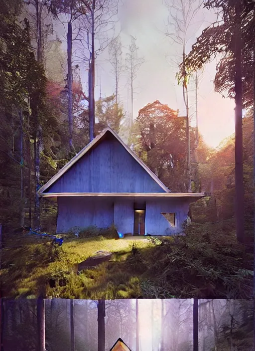 Image similar to hyper realistic witchy modern house with mood lighting and technology in the woods gorgeous lighting, blue sky, highly detailed, lush forest foliage painting by zdzisław beksinski and norman rockwell and greg rutkowski weta studio, and lucasfilm