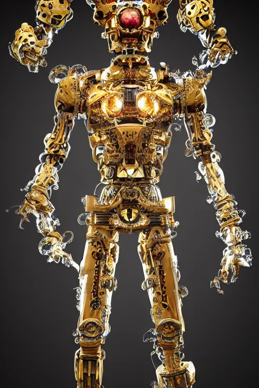 Image similar to baroque and cyberpunk style full-body sculpture of a young seductive Hispanic prince half android with a chest exposing a glowing ruby battery with porcelain arms posed like a model, glowing gold laser eyes, crown of white gears and sparkling diamonds, swirling white-colored silk fabric, robot dinosaurs. modern elements. reflective surfaces. intricate artwork by caravaggio. art by Artgerm and Alphonse Mucha, Trending on artstation, cinematic industrial lighting, photorealistic, octane render, 8k, depth of field, 3D